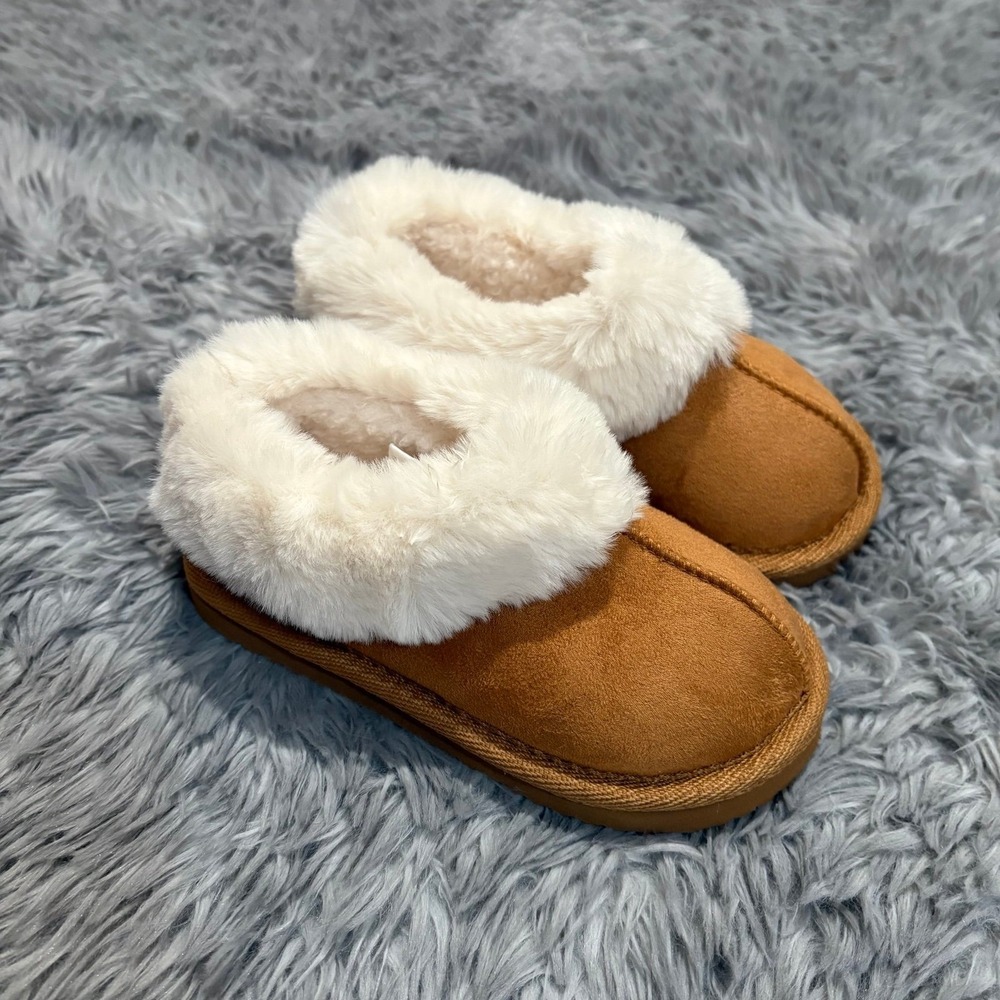 Wonder Nation Toddler‎ Fur Lined Slippers Brown Soft Girls 9-10c NEW